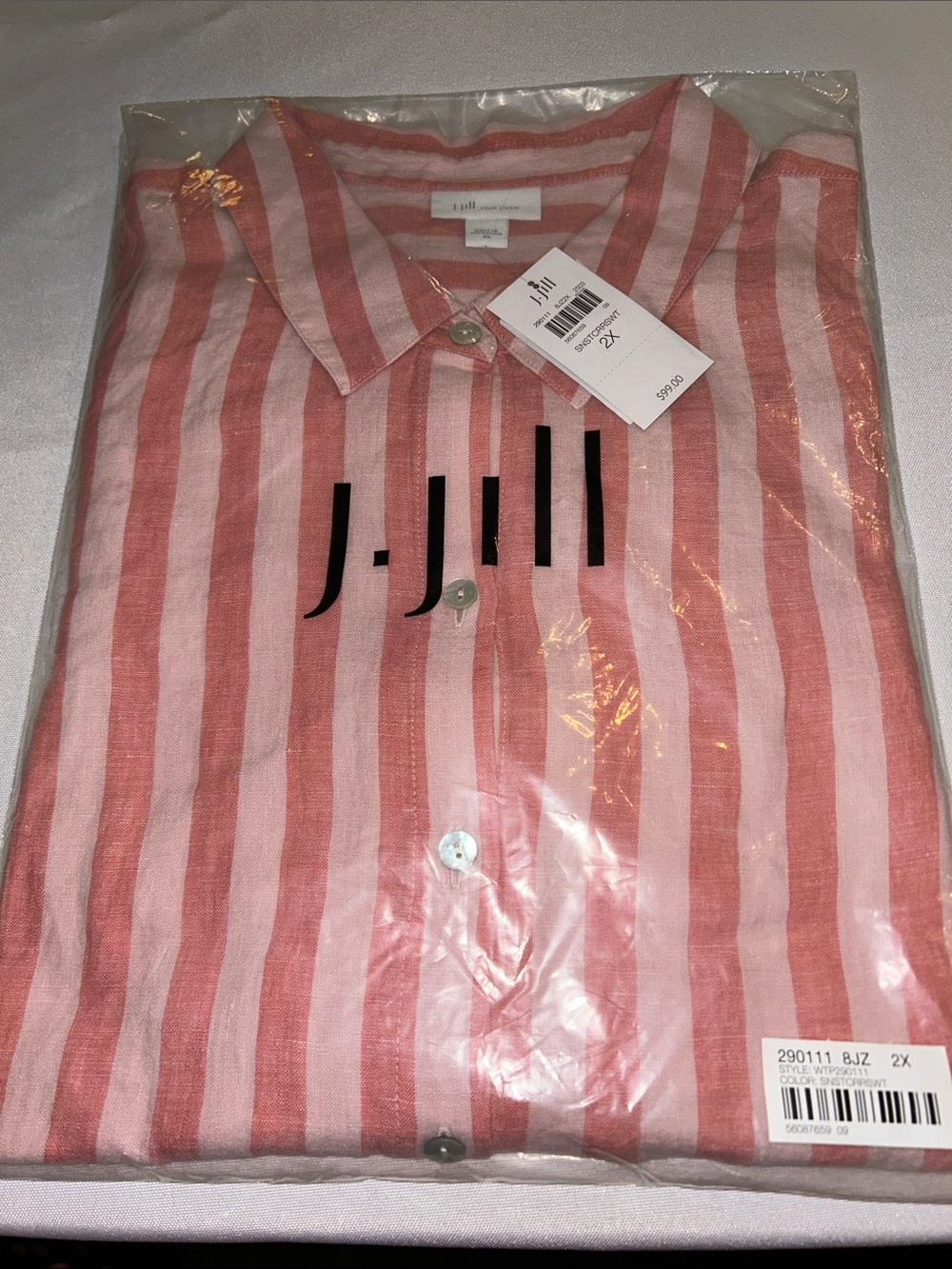 J. Jill Peach Stripe Long Sleeve Button-Down Linen Shirt Sz 2X NWT Reg $99